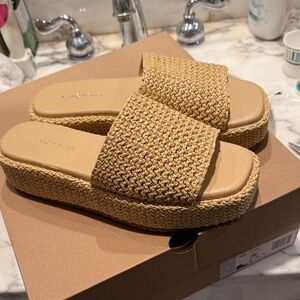 Marc Fisher Tan Woven Platform Slides